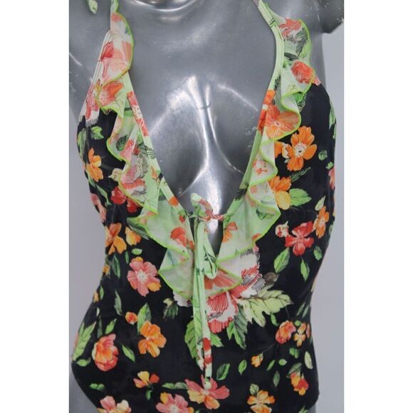 Jets By Jessika Allen Size 8 Floral Halter One Piece Swimsuit Frilly Front Open - Picture 2 of 9